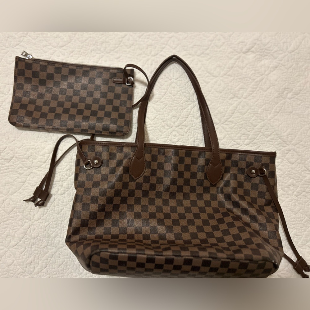 Designer Look Brown Checkered Tote Bag Set